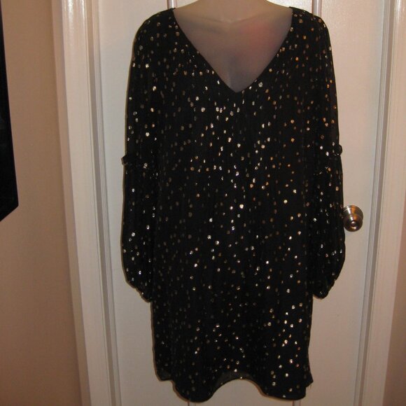 Lilly Pulitzer Cleme Black Silk Dress Gold Metallic Dots Long Sleeves Size 16 - Picture 1 of 9